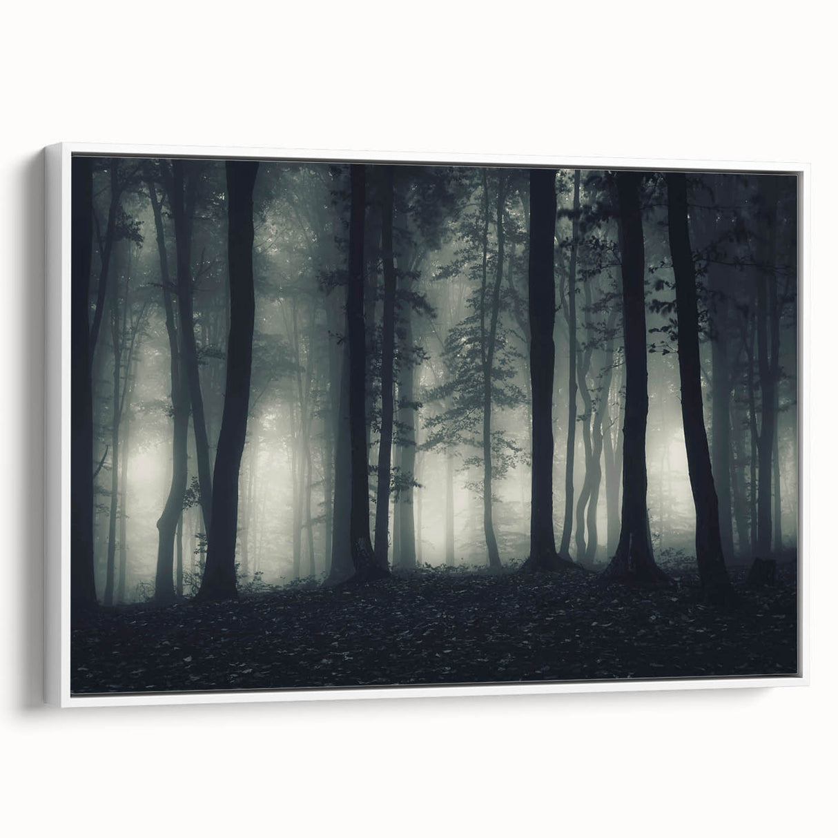 Framed wall art collection featuring a serene misty landscape design on canvas, presented in a sleek white frame, perfect for enhancing modern home decor.