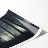 Rolled print of a serene landscape featuring misty fog enveloping trees, showcasing soft hues of gray and green; perfect for enhancing home decor.