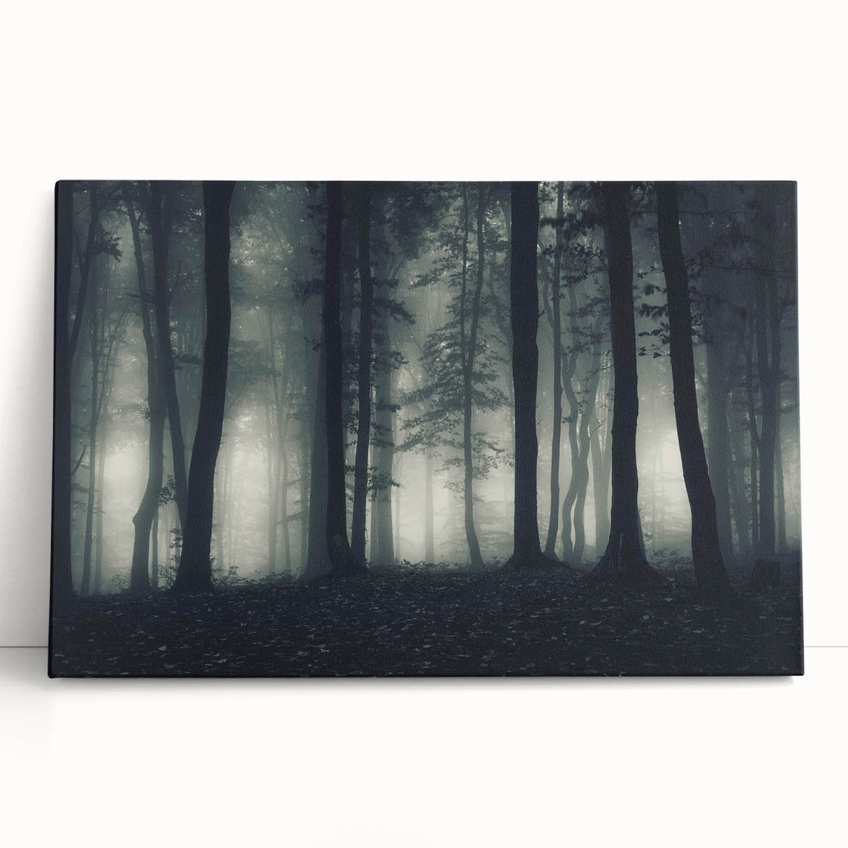 Stretched canvas wall art showcasing a serene misty landscape with fog, featuring soft pastel colors and natural elements, ideal for home decor and relaxation.