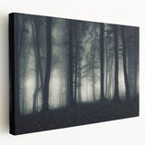 Stretched canvas wall art collection depicting misty landscapes with soft fog tones, showcasing serene natural beauty in a side view, ideal for home decor.
