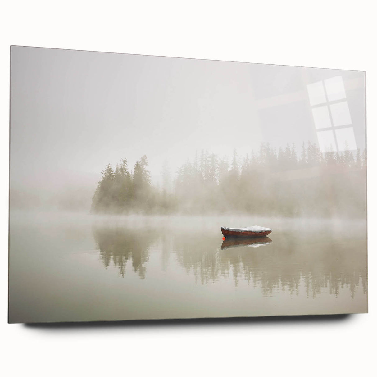 Acrylic glass wall art featuring a misty landscape design in soft, muted colors, elegantly displayed from a side view, perfect for modern home decor.