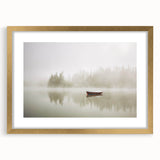 Framed wall art featuring a serene landscape design with mist and fog, elegantly presented with a gold frame and mat, perfect for enhancing home decor.