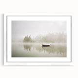 Framed wall art featuring a serene landscape design with mist and fog, set in a sleek white frame, perfect for modern home decor and creating a calming atmosphere.