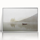 Framed acrylic wall art featuring a serene landscape design with mist and fog, presented in a sleek white frame, ideal for enhancing modern decor.