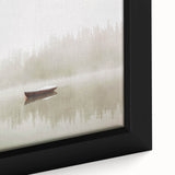 Close-up view of a framed canvas wall art piece showcasing a serene landscape design with mist and fog, emphasizing soft hues of gray and blue, perfect for home decor.