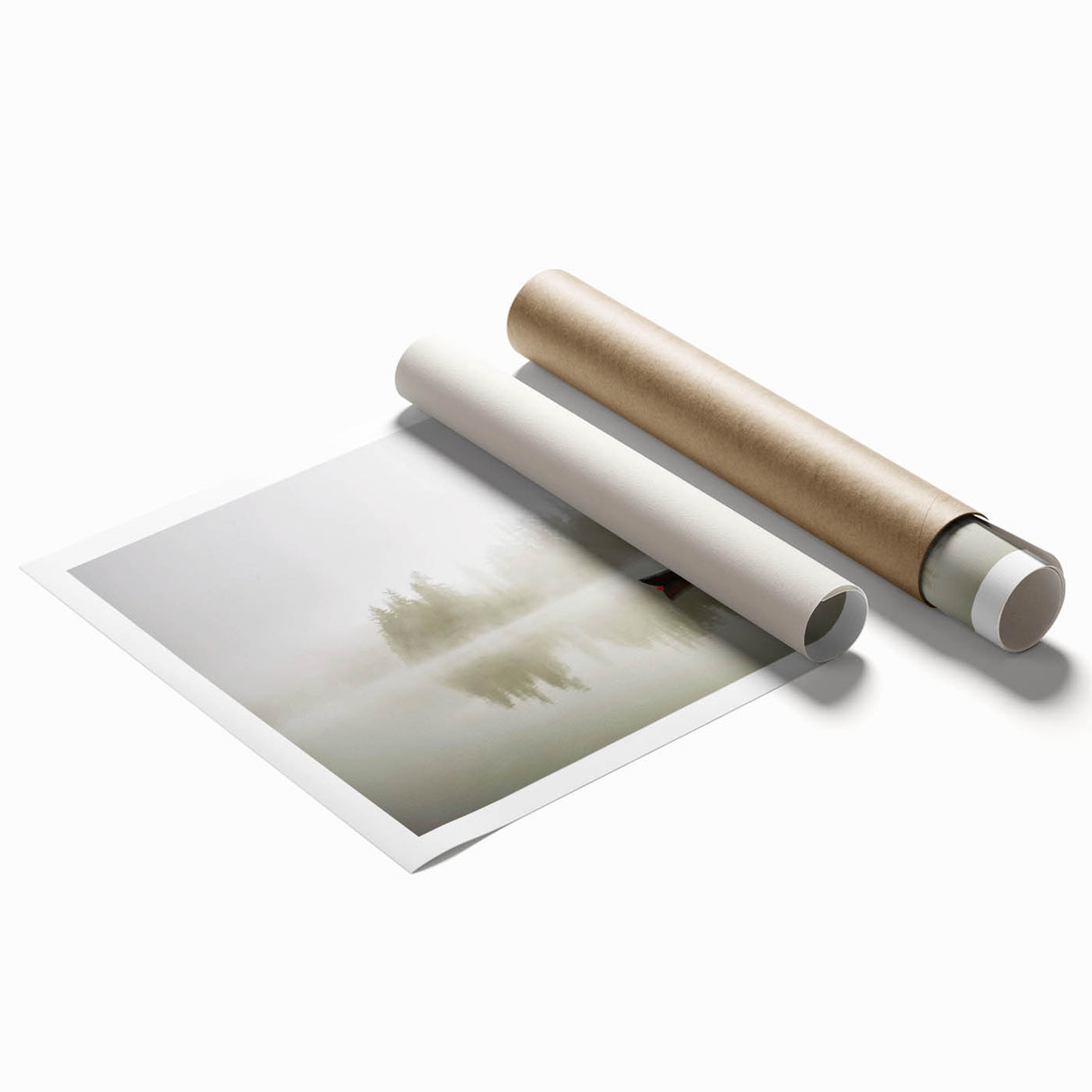 Tranquil landscape wall art print showcasing a misty forest scene with soft fog enveloping tall trees, perfect for creating a serene atmosphere in any room.