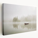 Stretched canvas wall art depicting a serene misty landscape with soft fog, ideal for home decor, showcasing subtle colors and calming scenery.