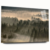 Acrylic glass wall art design showcasing a misty landscape, featuring soft fog and ethereal tones, displayed from a side view without pins, ideal for modern decor.