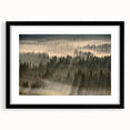 Framed wall art featuring a serene landscape design with mist and fog, set in a sleek black frame with a white mat, perfect for enhancing modern home decor.