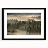 Framed wall art featuring a serene landscape design with mist and fog, set in a sleek black frame with a white mat, perfect for enhancing modern home decor.