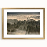 Framed wall art of a misty landscape featuring soft fog tones, highlighted by a gold border, perfect for enhancing home decor with a serene, elegant touch.
