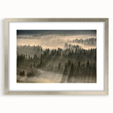 Framed wall art featuring a serene misty landscape design with soft gray and white tones, accented by a silver mat and frame, perfect for enhancing home decor.