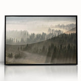 Framed acrylic wall art showcasing a misty landscape design with soft fog and muted colors, presented in a sleek black frame, ideal for modern decor.