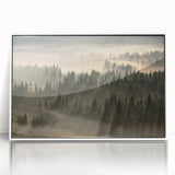 Framed acrylic wall art showcasing a serene landscape design with mist and fog, featuring a white frame that adds elegance to home decor. Perfect for nature lovers.