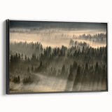 Framed black canvas featuring a misty landscape design, showcasing subtle shades of gray and blue, perfect for modern home decor, enhancing ambiance and tranquility.