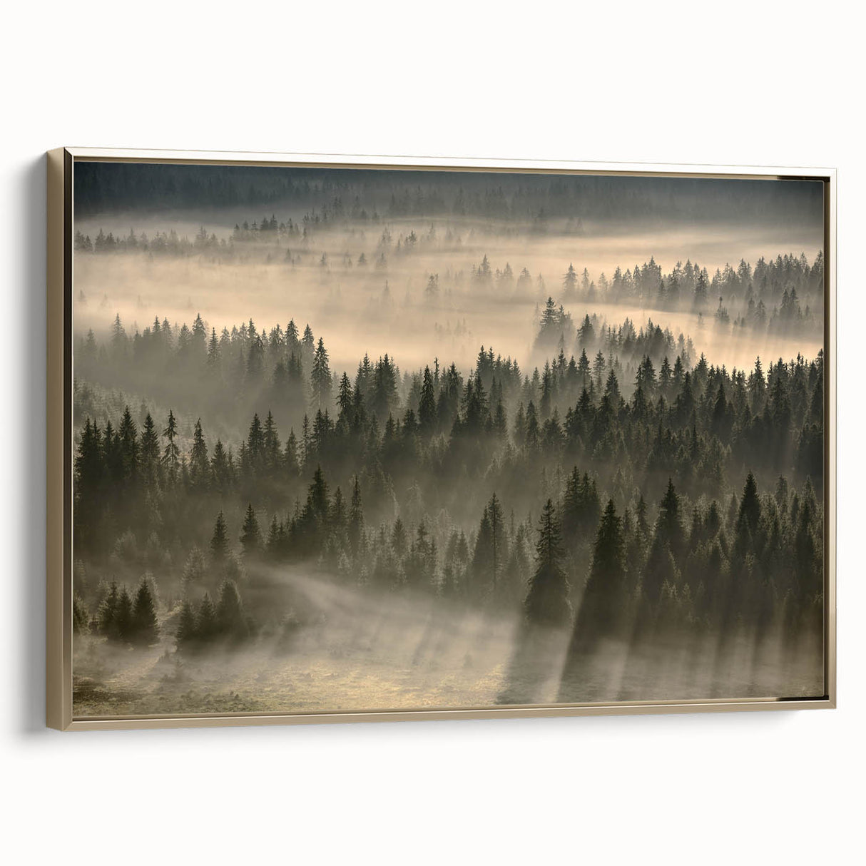Framed canvas wall art depicting a serene misty landscape design with soft hues of blue and gray, accented by a stylish gold frame, perfect for home decor.