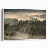 Framed canvas wall art showcasing a serene landscape design with mist and fog, featuring soft gray and white tones, ideal for modern home decor.