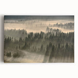 Stretched canvas wall art showcasing a serene landscape design with misty fog, featuring soft blue and grey tones, perfect for adding tranquility to any decor.