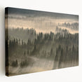 Stretched canvas wall art showcasing a serene misty landscape design, featuring soft pastel colors and subtle fog, perfect for home decor enhancement.