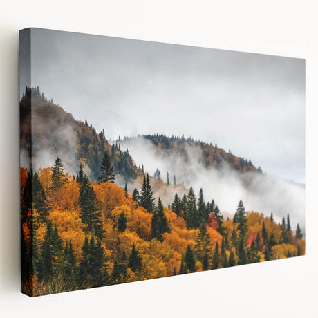 Stretched canvas wall art showcasing a serene misty landscape design with muted colors, ideal for home decor. Perfect for creating a calming ambiance in any room.