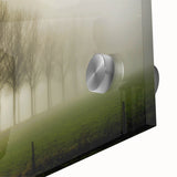 Close-up of a stunning acrylic glass wall art piece showcasing a serene landscape shrouded in mist and fog, perfect for adding tranquility to modern decor.