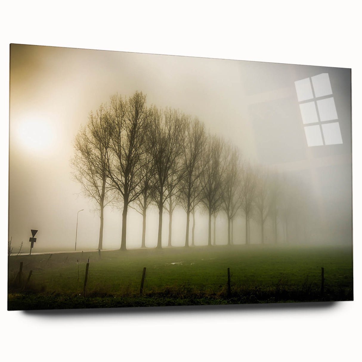 Acrylic wall art collection showcasing a serene misty landscape design, featuring soft gray and blue hues, elegantly displayed without pins to enhance its modern appeal. Perfect for adding a tranquil touch to home decor.