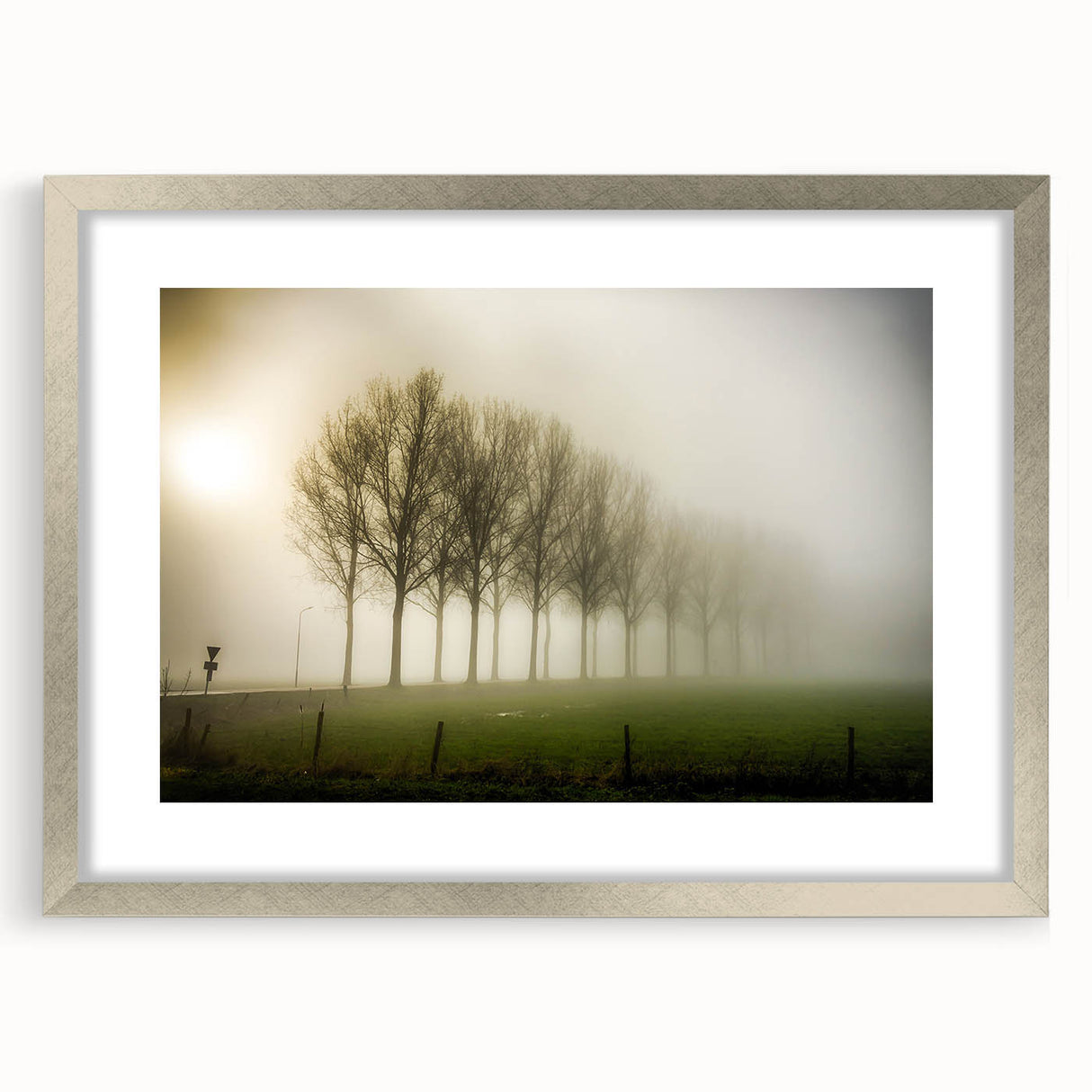 Framed silver wall art featuring a misty landscape design, showcasing soft hues of gray and blue, perfect for enhancing modern home decor with a serene ambiance.
