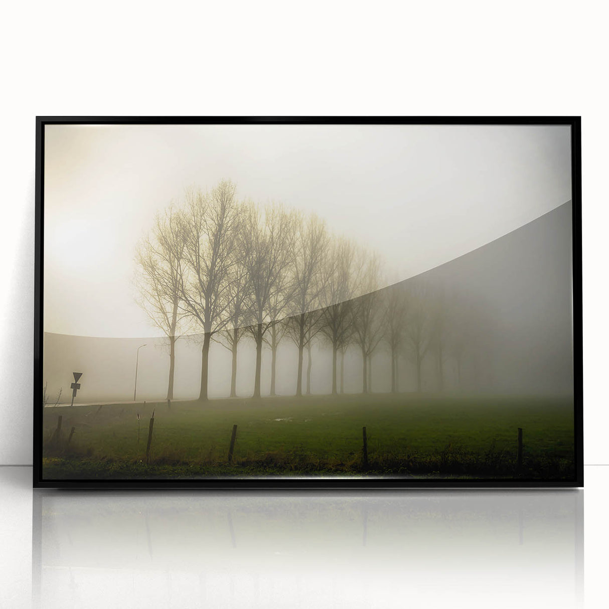 Framed acrylic wall art showcasing a serene misty landscape design, featuring soft gray and blue tones, ideal for modern home decor and enhancing tranquility.