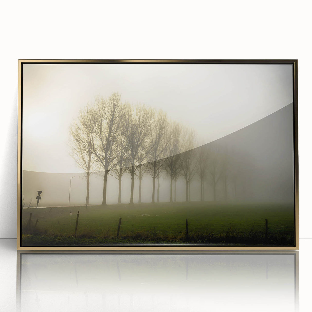 Framed acrylic wall art featuring a misty landscape design with soft fog and subtle gold accents, ideal for enhancing home decor in a modern setting.
