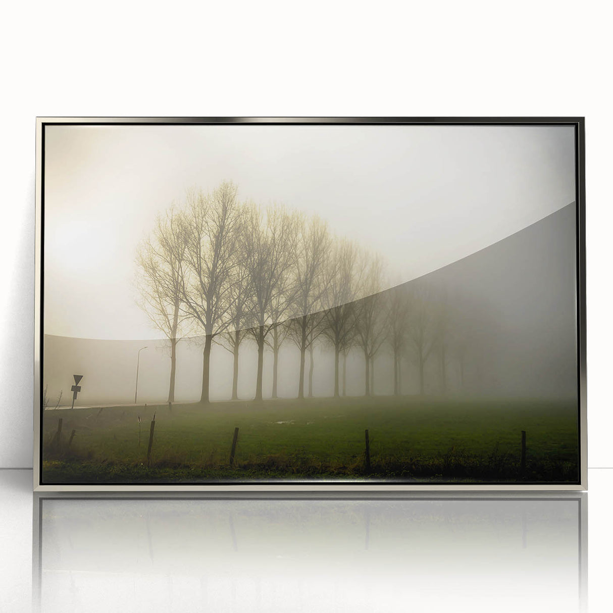 Framed acrylic wall art showcasing a misty landscape design in soothing silver tones, ideal for modern home decor, enhancing ambiance with tranquility.