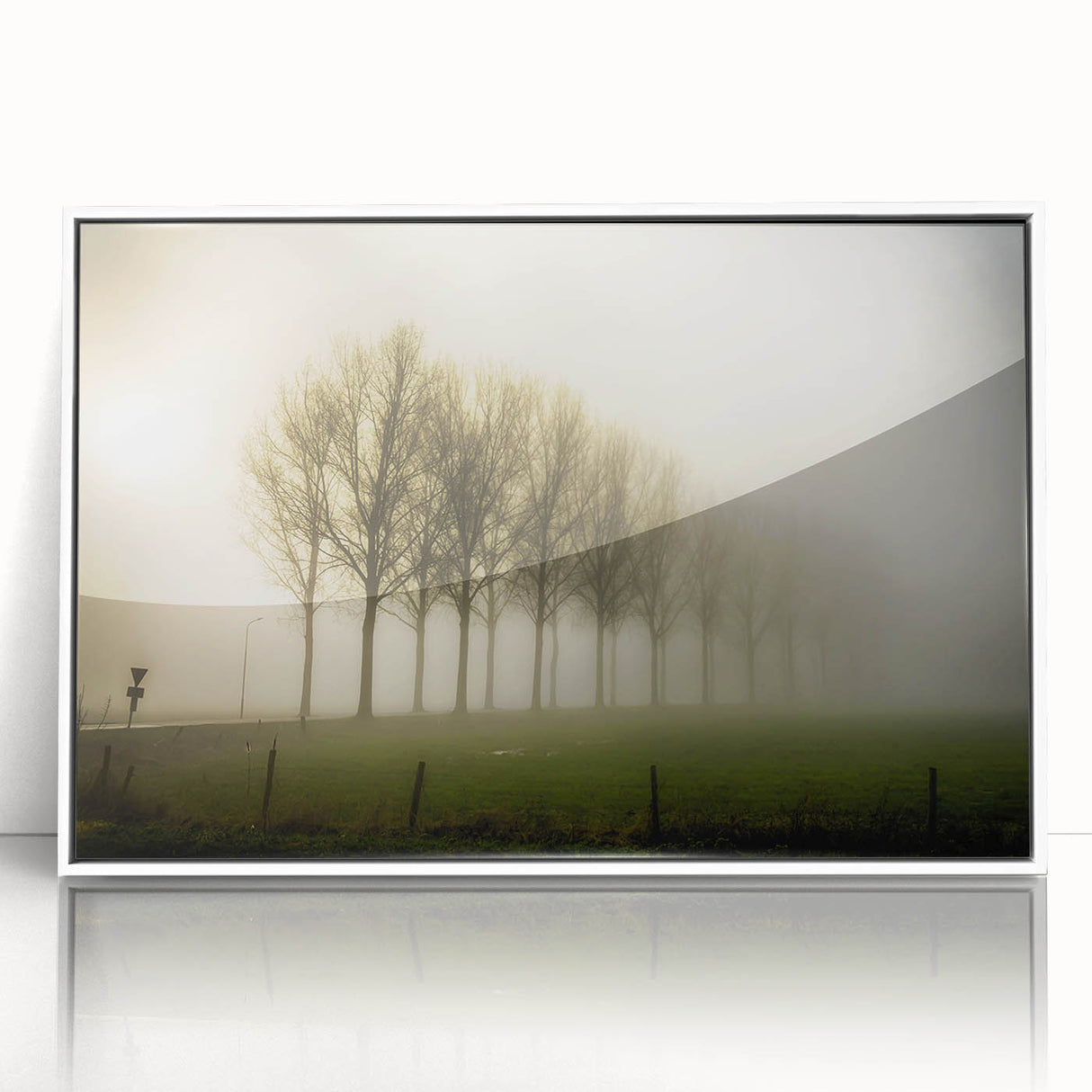 Framed acrylic wall art featuring a serene misty landscape design, showcasing soft gray and white hues, perfect for adding a calming touch to modern interiors.