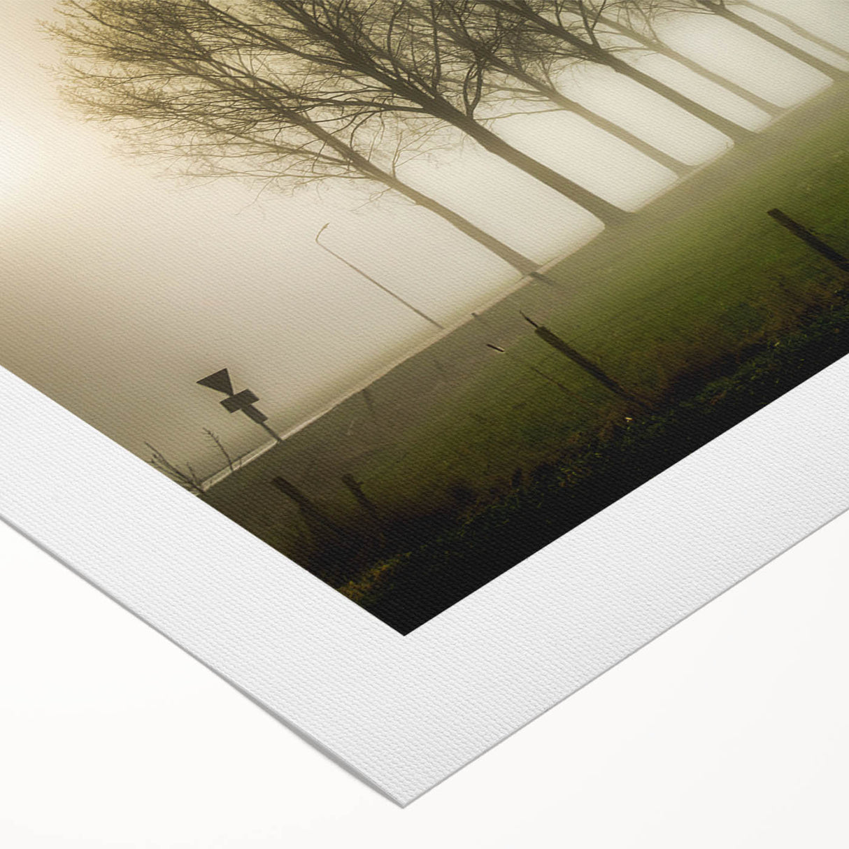 Serene rolled canvas wall art depicting a misty landscape, featuring soft hues of blue and gray, ideal for enhancing a tranquil home decor theme. Perfect for nature lovers seeking a calming ambiance.