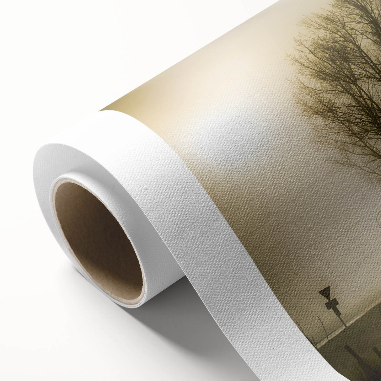 Soft misty landscape wall art on rolled canvas, showcasing serene foggy mountains in muted tones. Ideal for tranquil home decor, enhancing relaxation.