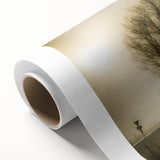 Soft misty landscape wall art on rolled canvas, showcasing serene foggy mountains in muted tones. Ideal for tranquil home decor, enhancing relaxation.