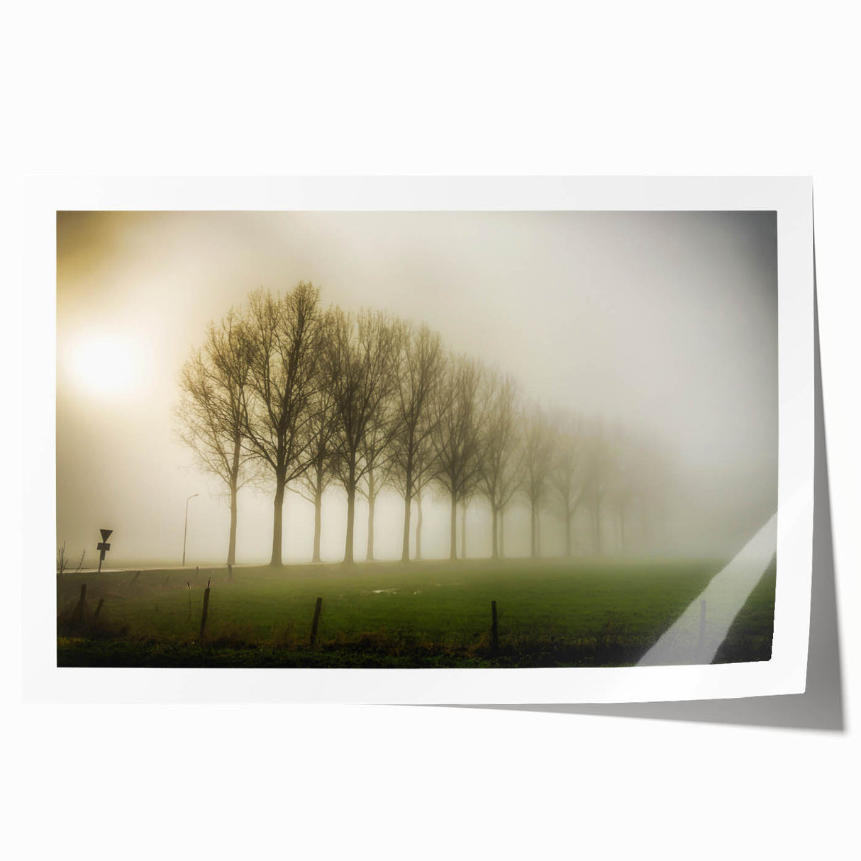 Serene landscape wall art print showcasing misty mountains and foggy scenery in soft pastel colors, ideal for home decor. Perfect for creating a calming atmosphere.