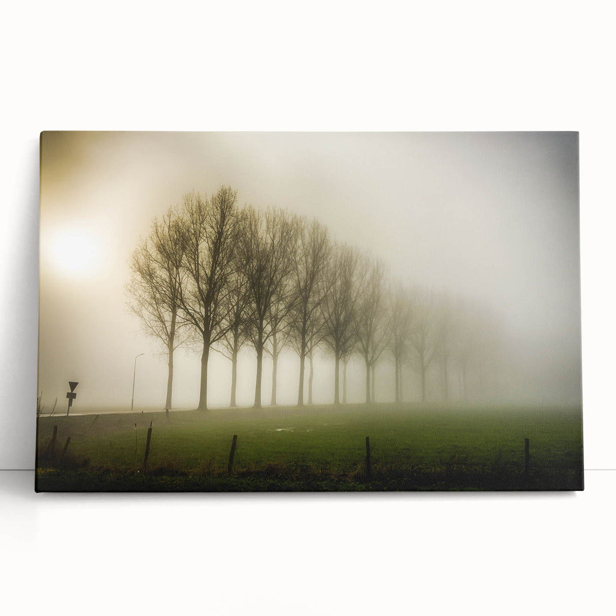 Stretched canvas wall art showcasing a serene landscape design with mist and fog, featuring soft color gradients and a tranquil atmosphere, ideal for enhancing home decor.