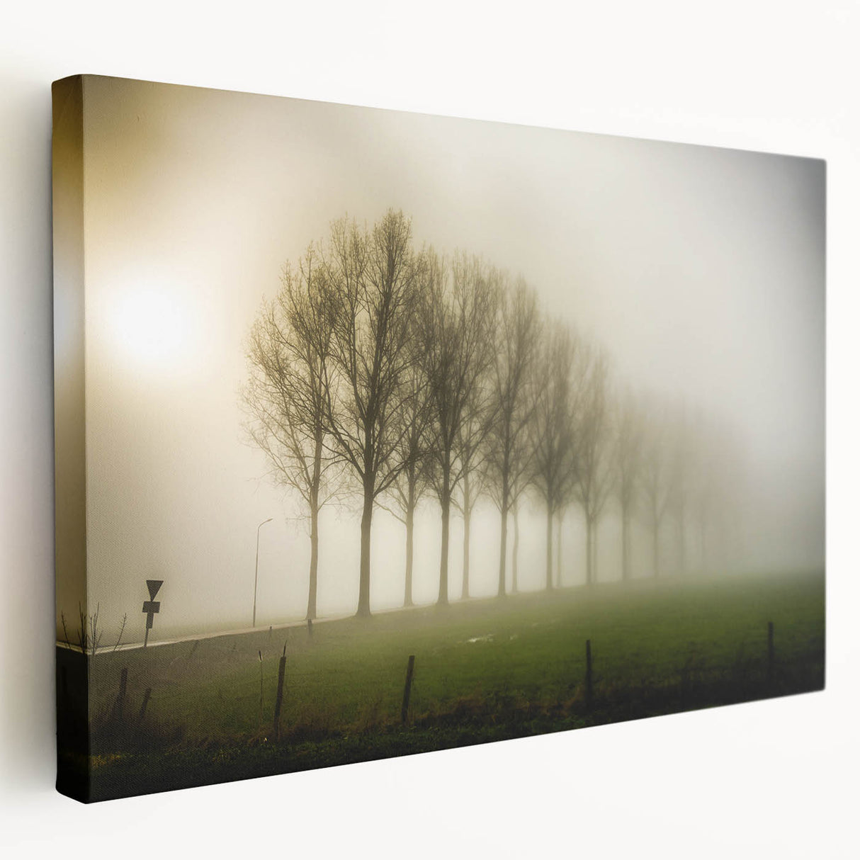 Stretched canvas wall art showcasing a serene misty landscape with soft fog enveloping trees, perfect for adding a calming atmosphere to home decor.