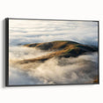 Framed canvas wall art showcasing a misty landscape design with soft fog, featuring a sleek black frame, ideal for modern home decor and enhancing ambiance.