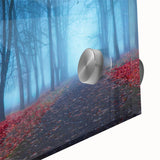 Close-up of a misty fog landscape wall art piece featuring soft blues and greys, designed with acrylic glass for a modern aesthetic in home decor.