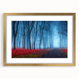 Gold-framed wall art print showcasing a serene misty landscape design with soft fog, perfect for adding a tranquil touch to home decor.