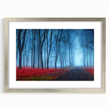 Framed wall art showcasing a serene landscape with mist and fog, featuring a silver mat and elegant frame, ideal for modern home decor.