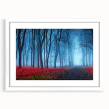 Framed wall art collection of misty landscapes in soft pastel colors, showcasing serene foggy scenes, elegantly displayed with a white mat for a modern touch.