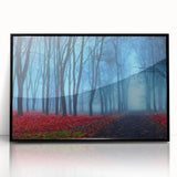 Framed acrylic wall art collection featuring a misty landscape design in muted tones, set in a sleek black frame, perfect for modern decor.