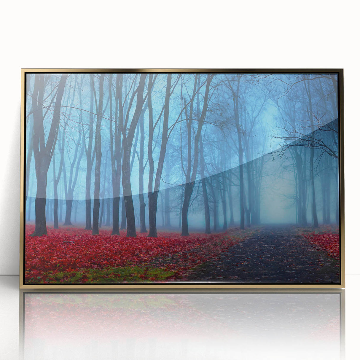 Framed wall art featuring a serene landscape design with soft mist and fog, accented by a stylish gold frame, perfect for enhancing modern home decor.