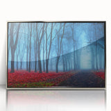 Framed acrylic wall art featuring a serene misty landscape in soft gray and silver tones, ideal for modern home decor. Perfect for enhancing any living space ambiance.