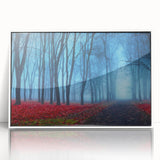 Framed acrylic wall art featuring a serene landscape design with mist and fog, presented in a sleek white frame, perfect for modern home decor.