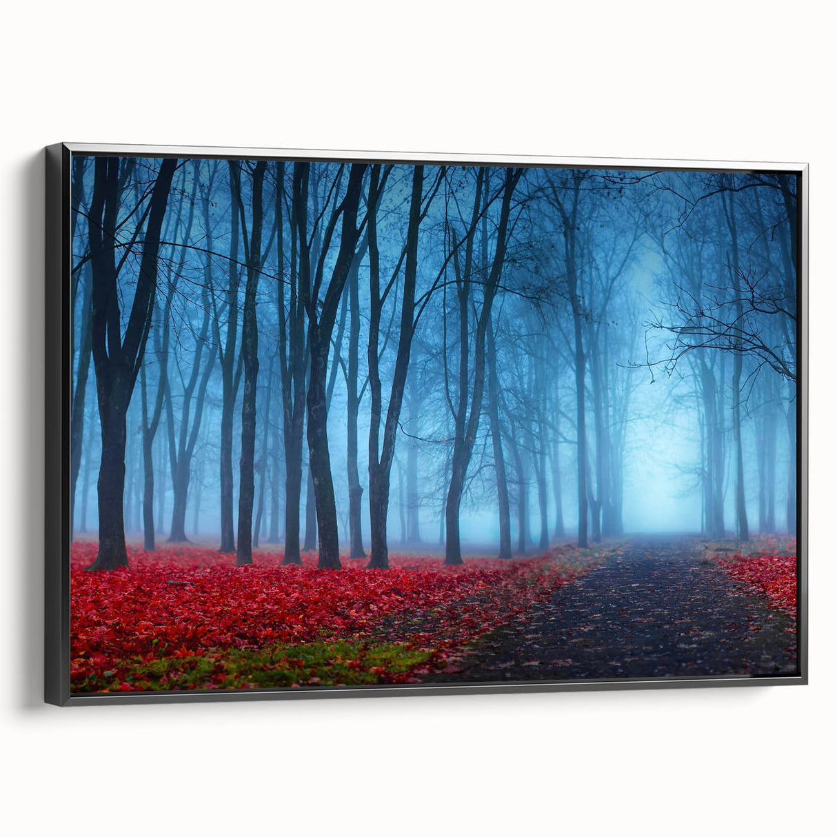 Framed canvas wall art featuring a serene landscape design with mist and fog, showcasing soft gray and blue tones, ideal for modern home decor.