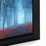 Framed canvas artwork showcasing a serene landscape design with misty fog, ideal for enhancing modern home decor. The close-up highlights the intricate details and soothing colors.
