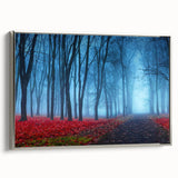 Framed canvas wall art showcasing a misty landscape design with soft fog hues, elegantly displayed in a sleek silver frame, enhancing home decor aesthetics.