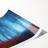 Rolled print of a serene landscape featuring misty fog over rolling hills, showcasing soft gray and green hues, ideal for home decor.